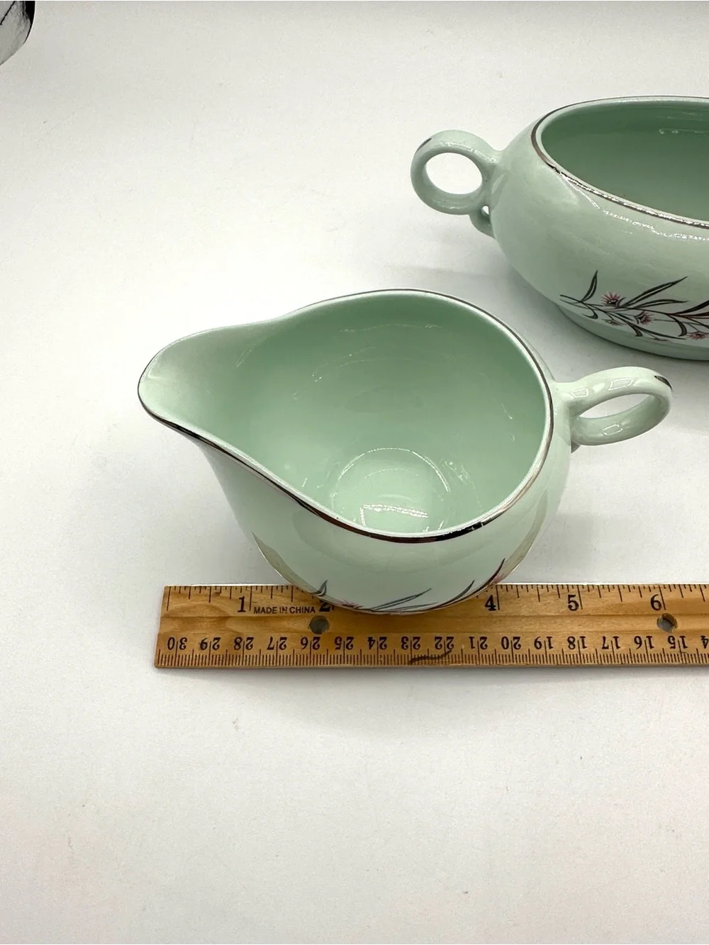 1949 Universal Potteries Gravy Boat & Creamer in Ballerina Mist. “Strawflowers”